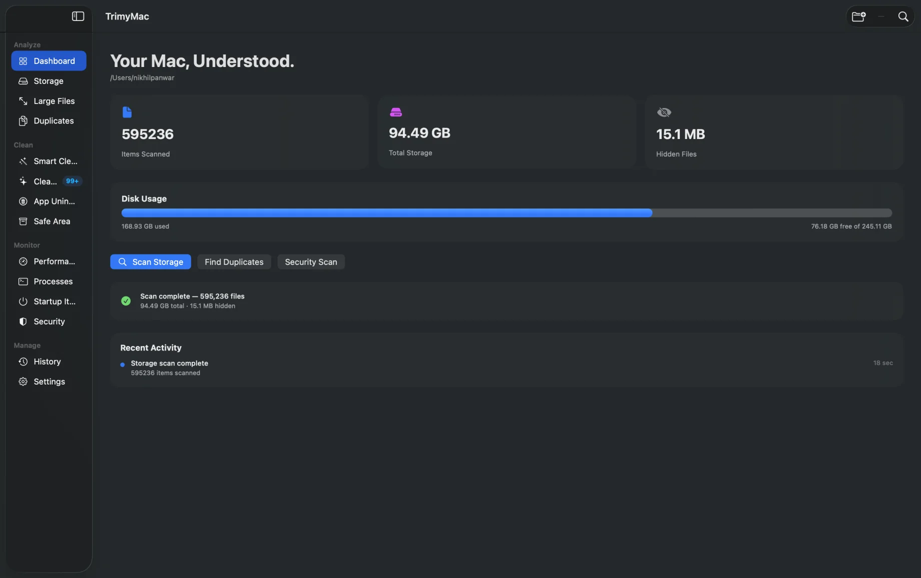 TrimyMac dashboard showing scanned files and disk usage
