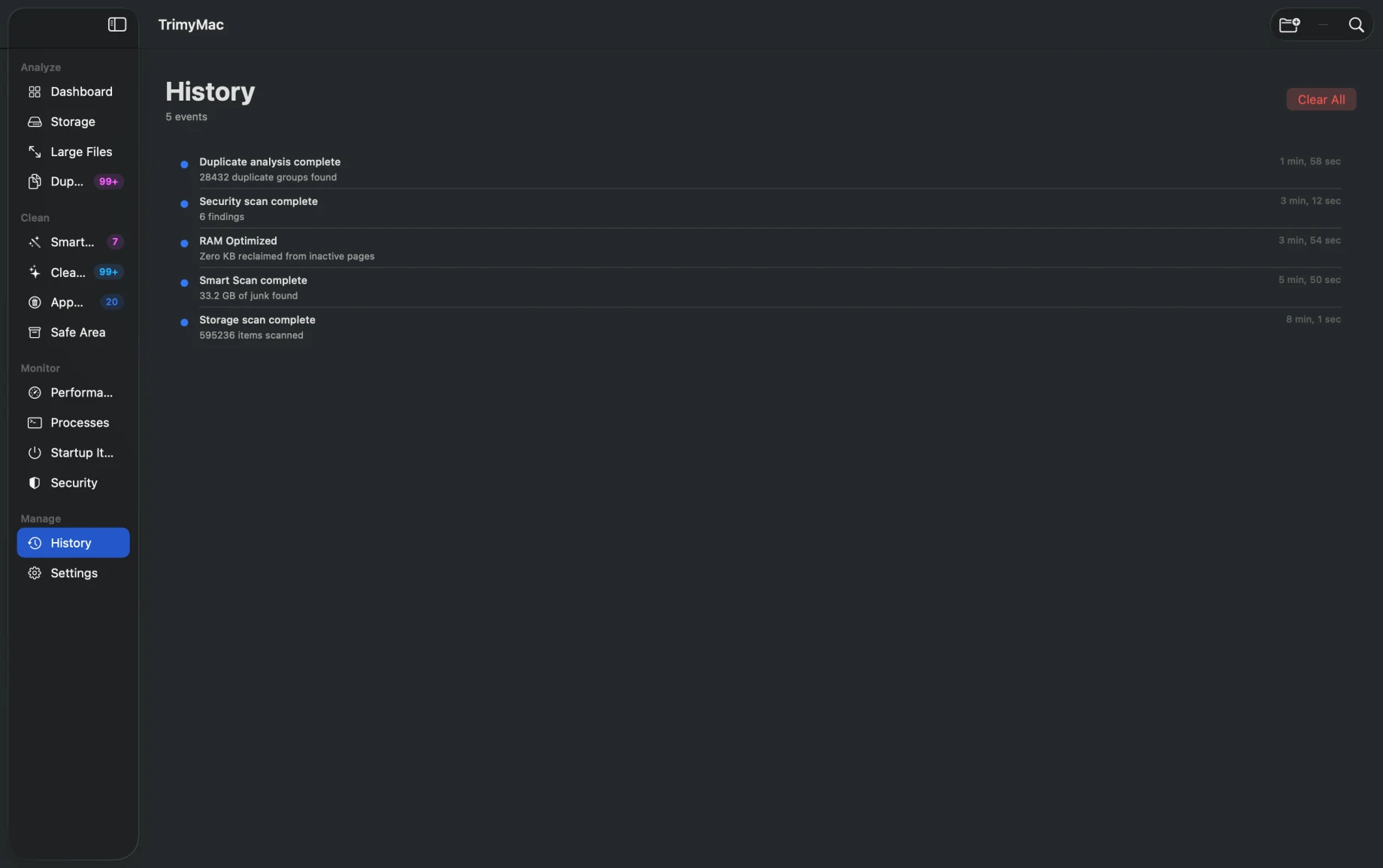 TrimyMac History — activity log showing all scan and clean events