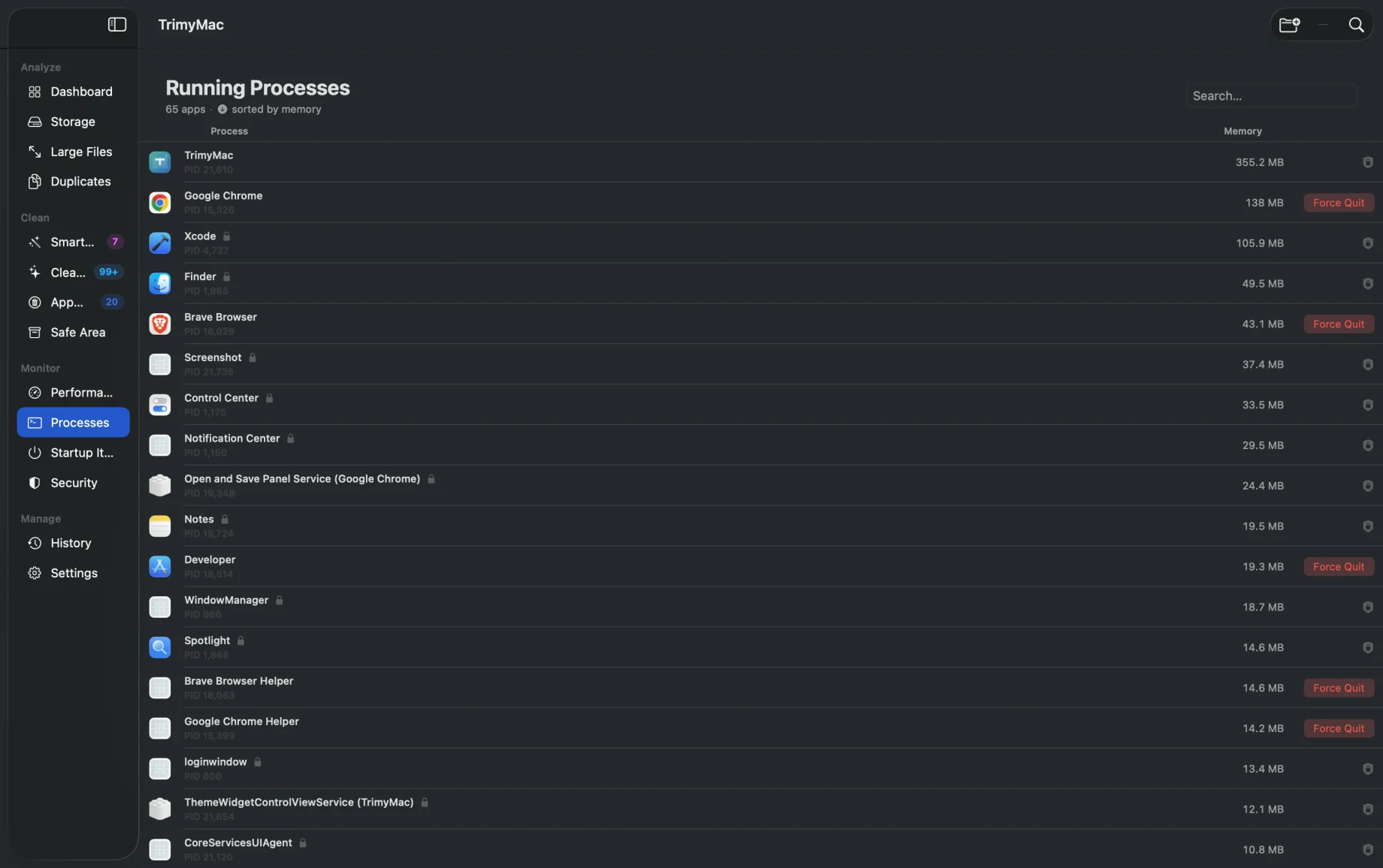 TrimyMac Running Processes — 65 apps, sorted by memory