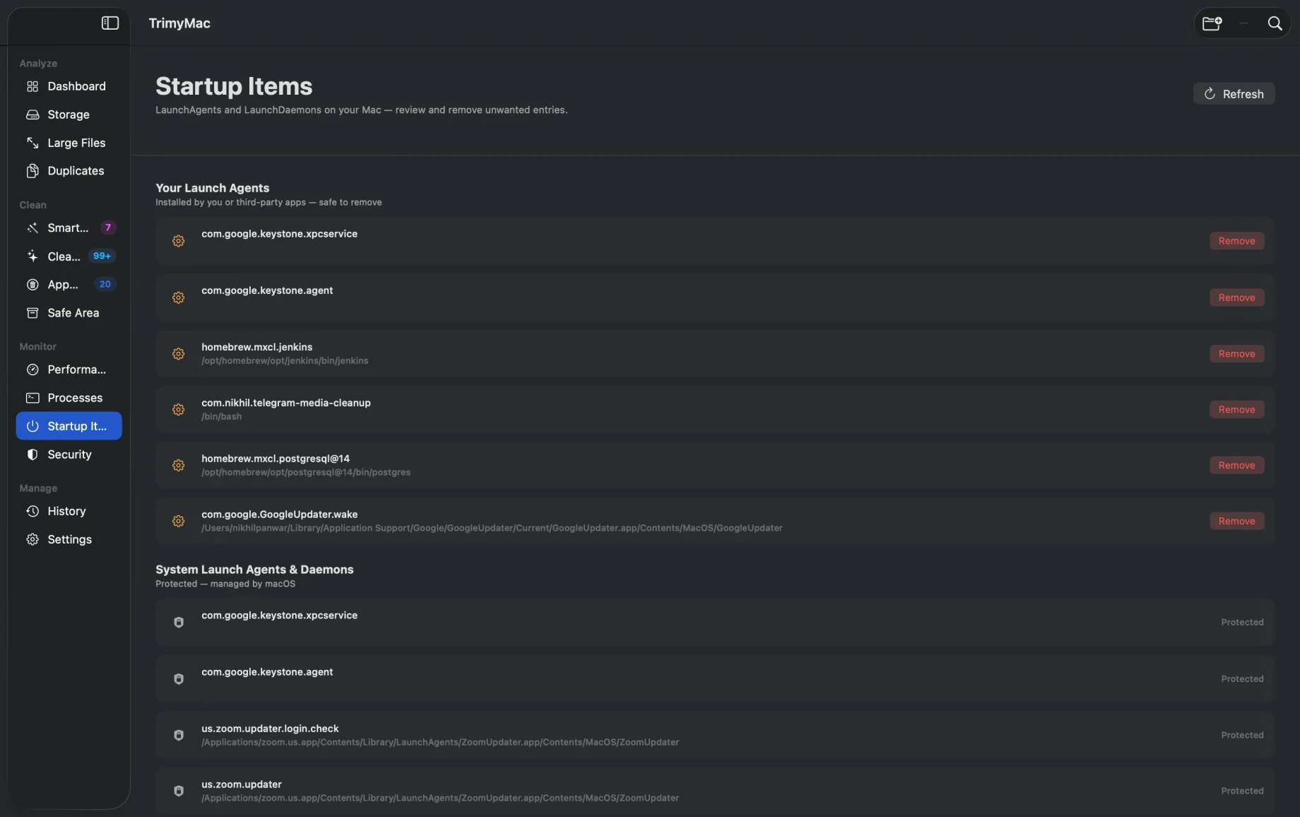 TrimyMac Startup Items — LaunchAgents list with Remove buttons